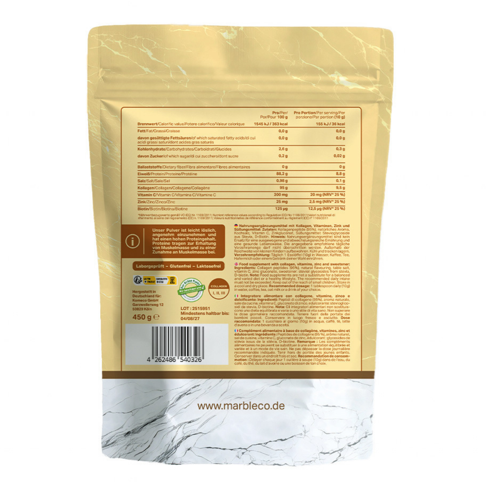 Collagen Pro – Vanilla 450g|Reines Weidekollagen mit Vitamin C, Zink & Biotin