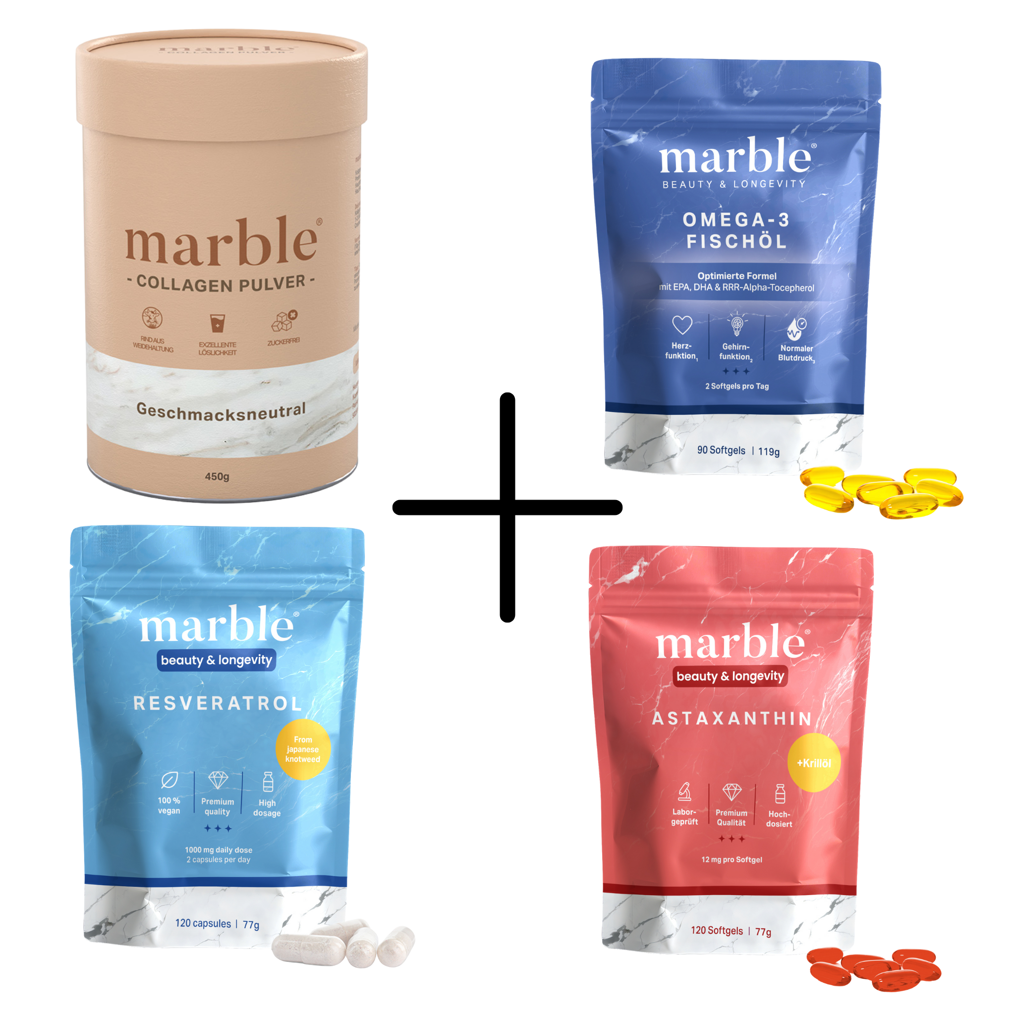 Complete Pro Bundle - 1x Collagen Geschmacksneutral 450g, 1x Resvervatrol 120 Kapseln, 1x Astaxanthin 120 Kapseln, 1x Omega-3 90 Kapseln