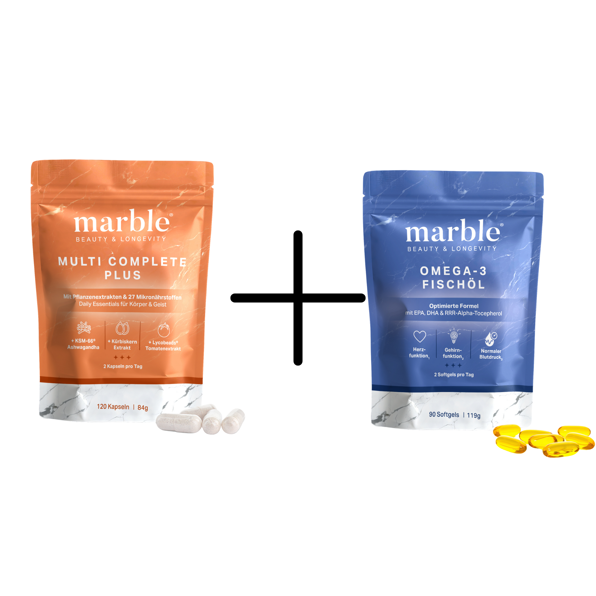 marble Daily Essentials - 1x Multivitamin 120 Kapseln, 1x Omega-3 90 Kapseln