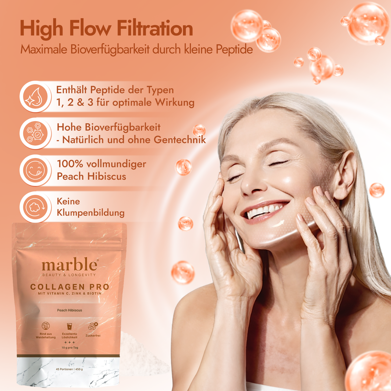 Collagen Pro – Peach Hibiscus 450g | Reines Weidekollagen mit Vitamin C, Zink & Biotin