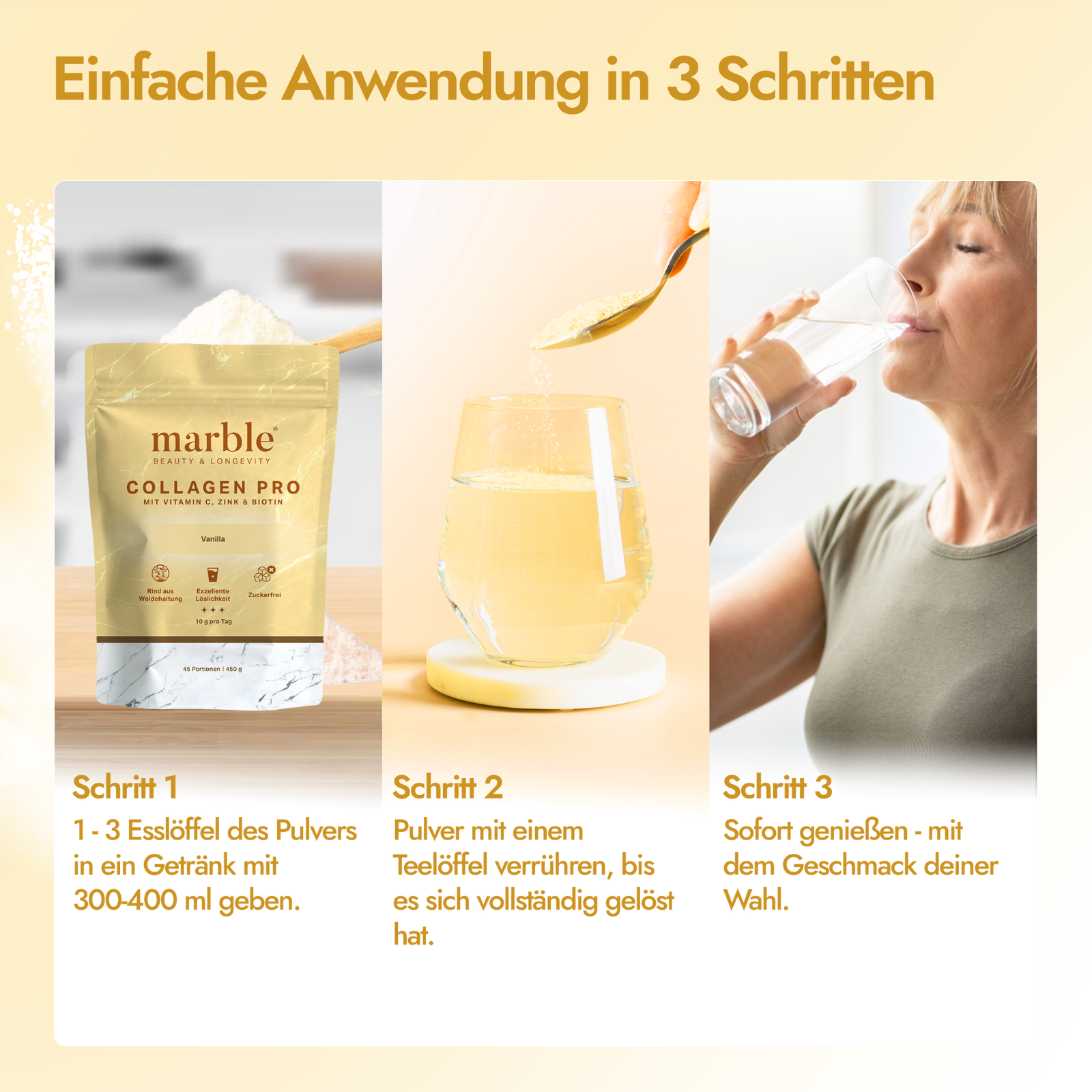 Collagen Pro – Vanilla 450g|Reines Weidekollagen mit Vitamin C, Zink & Biotin