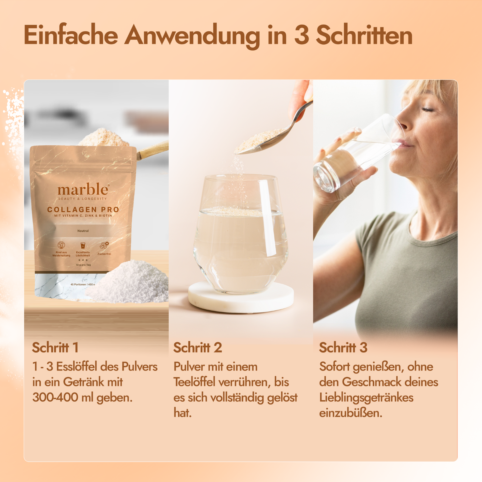 Collagen Pro Geschmacksneutral 450g – Reines Weidekollagen mit Vitamin C, Zink & Biotin