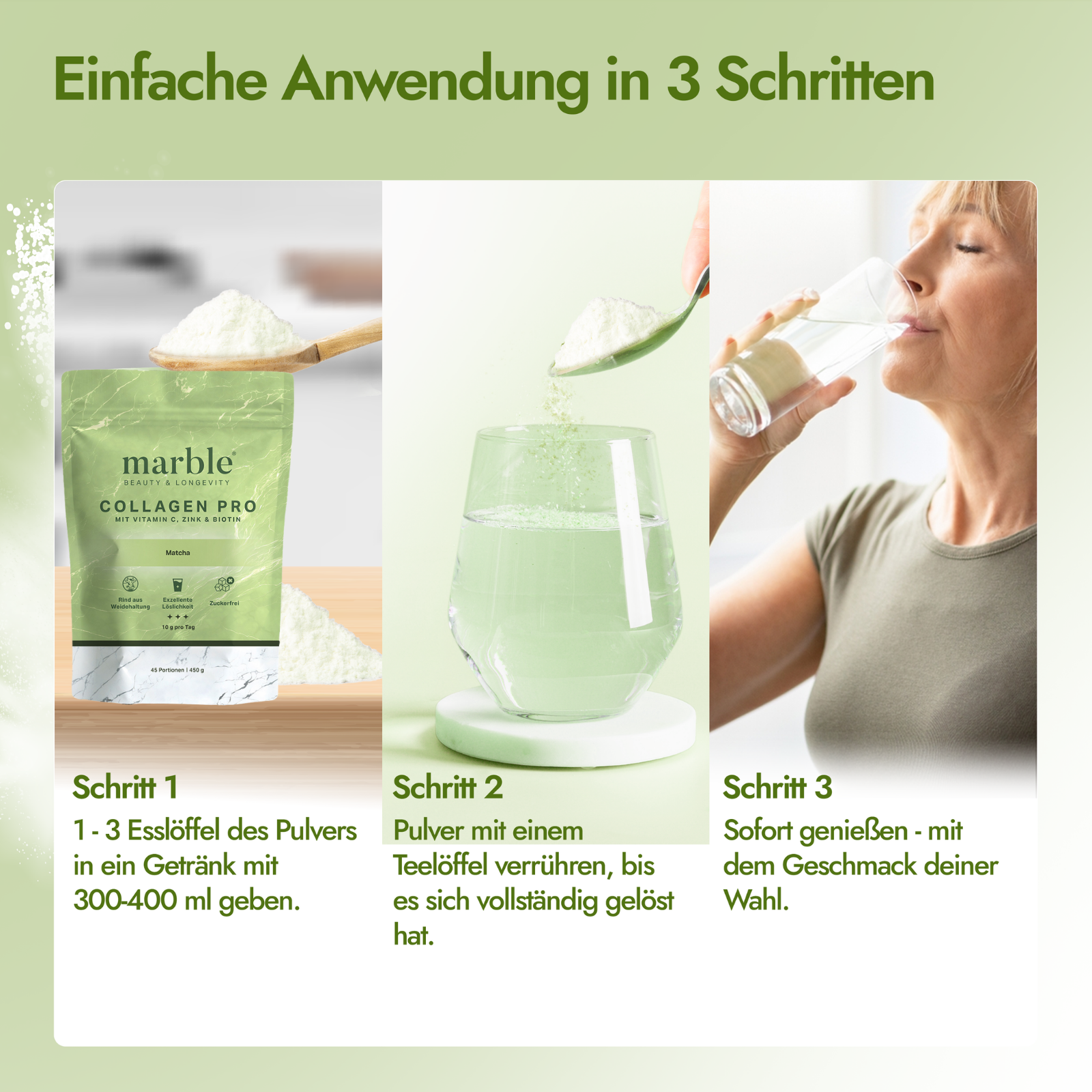 Collagen Pro – Matcha 450g | Reines Weidekollagen mit Vitamin C, Zink & Biotin