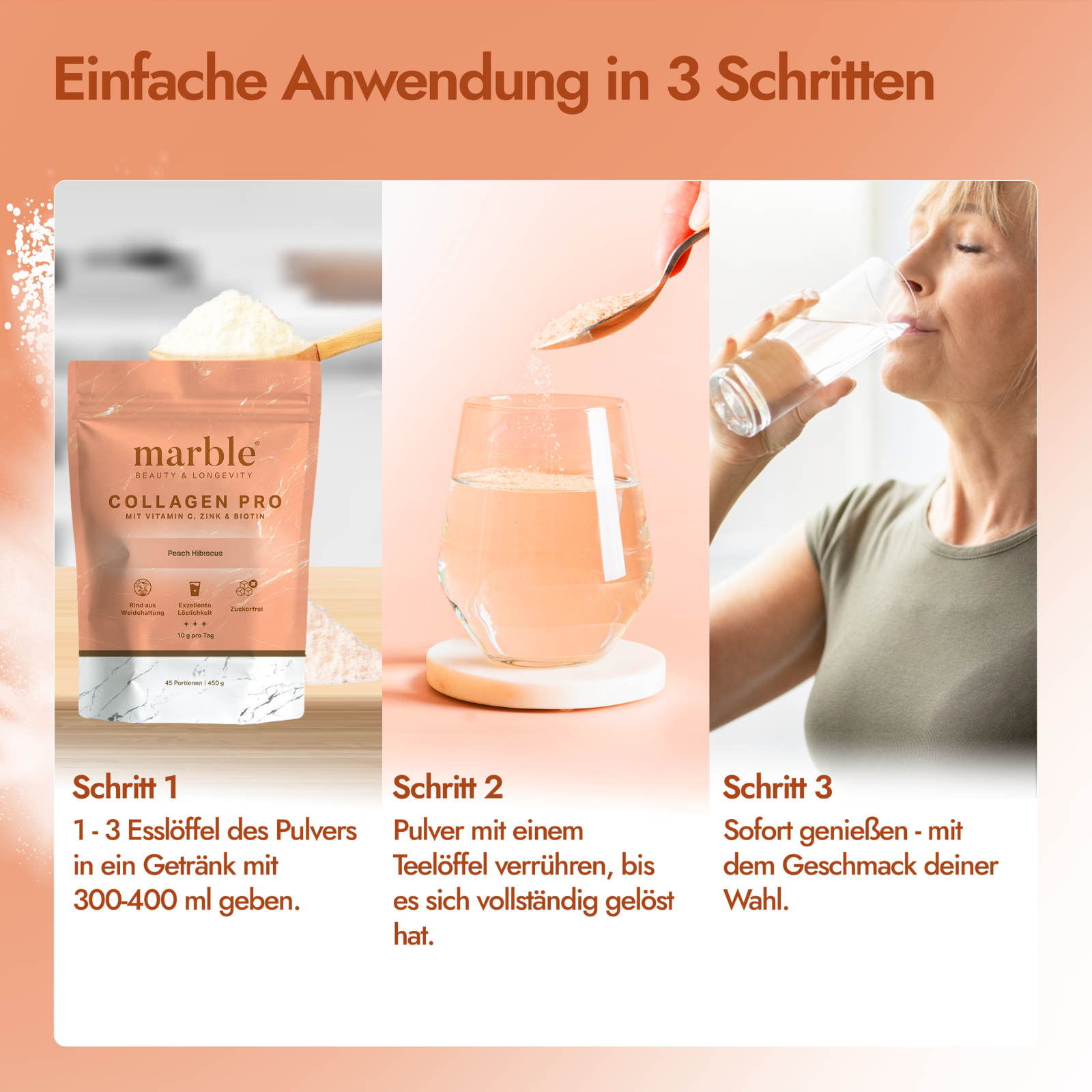 Collagen Pro – Peach Hibiscus 450g | Reines Weidekollagen mit Vitamin C, Zink & Biotin