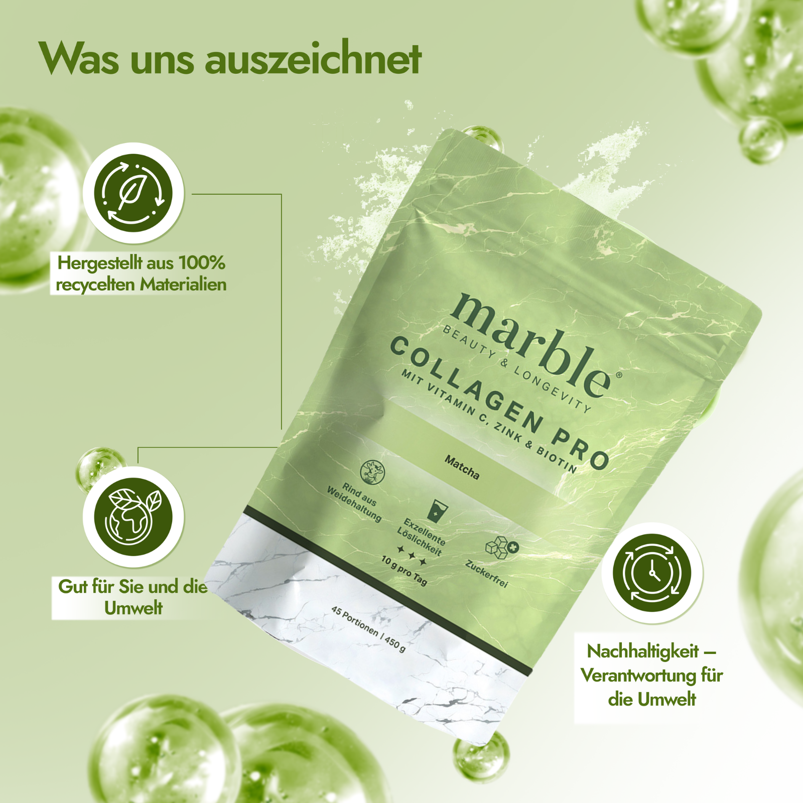 Collagen Pro – Matcha 450g | Reines Weidekollagen mit Vitamin C, Zink & Biotin