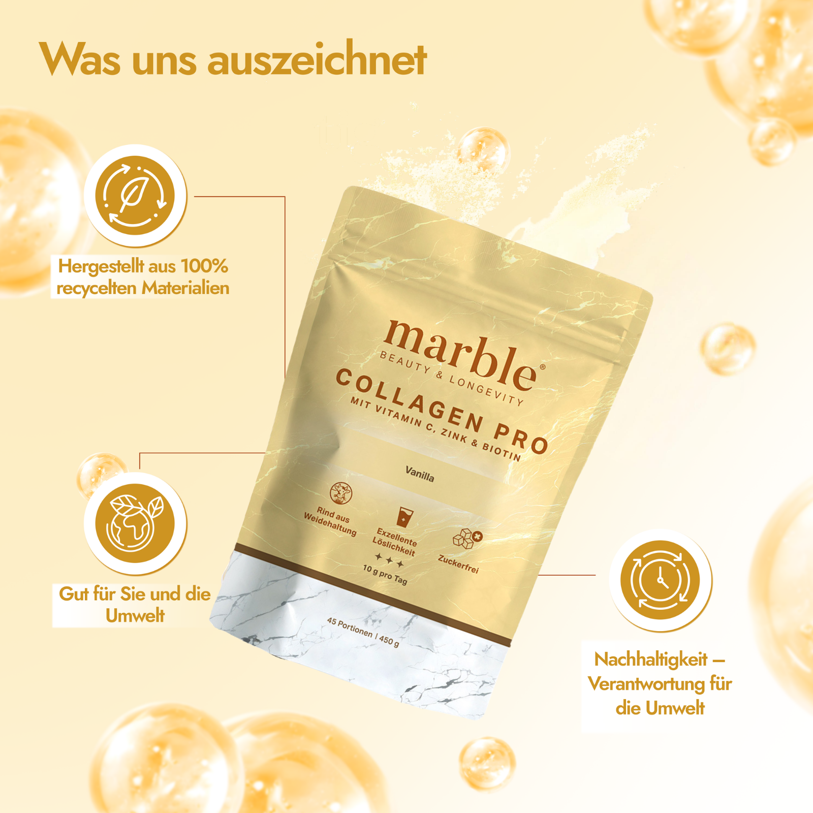 Collagen Pro – Vanilla 450g|Reines Weidekollagen mit Vitamin C, Zink & Biotin