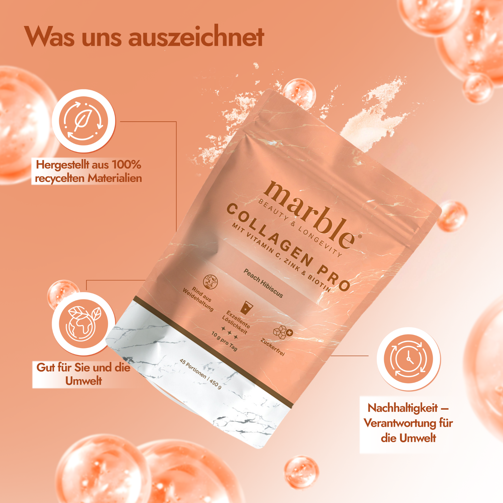 Collagen Pro – Peach Hibiscus 450g | Reines Weidekollagen mit Vitamin C, Zink & Biotin