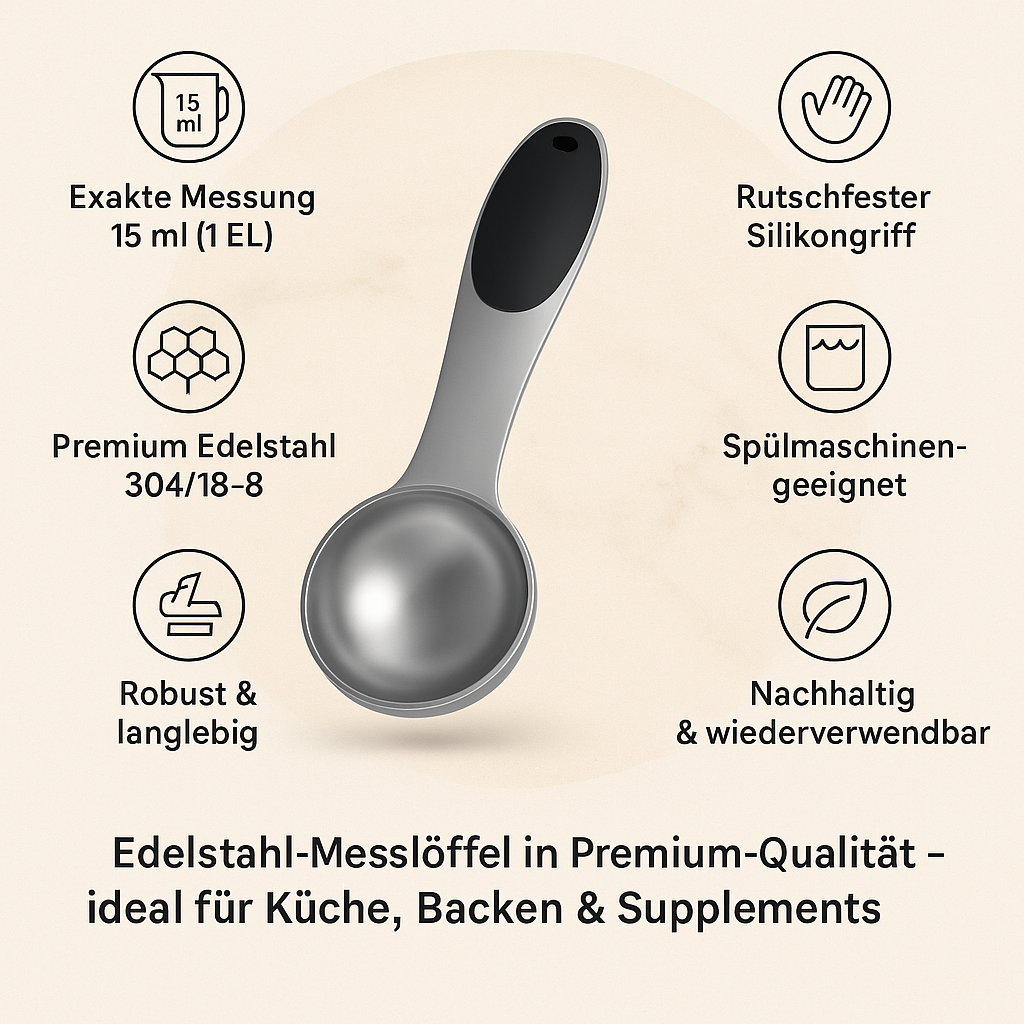 Edelstahl-Messlöffel 10g (1 EL) – mit rutschfestem Silikongriff, robust & spülmaschinengeeignet