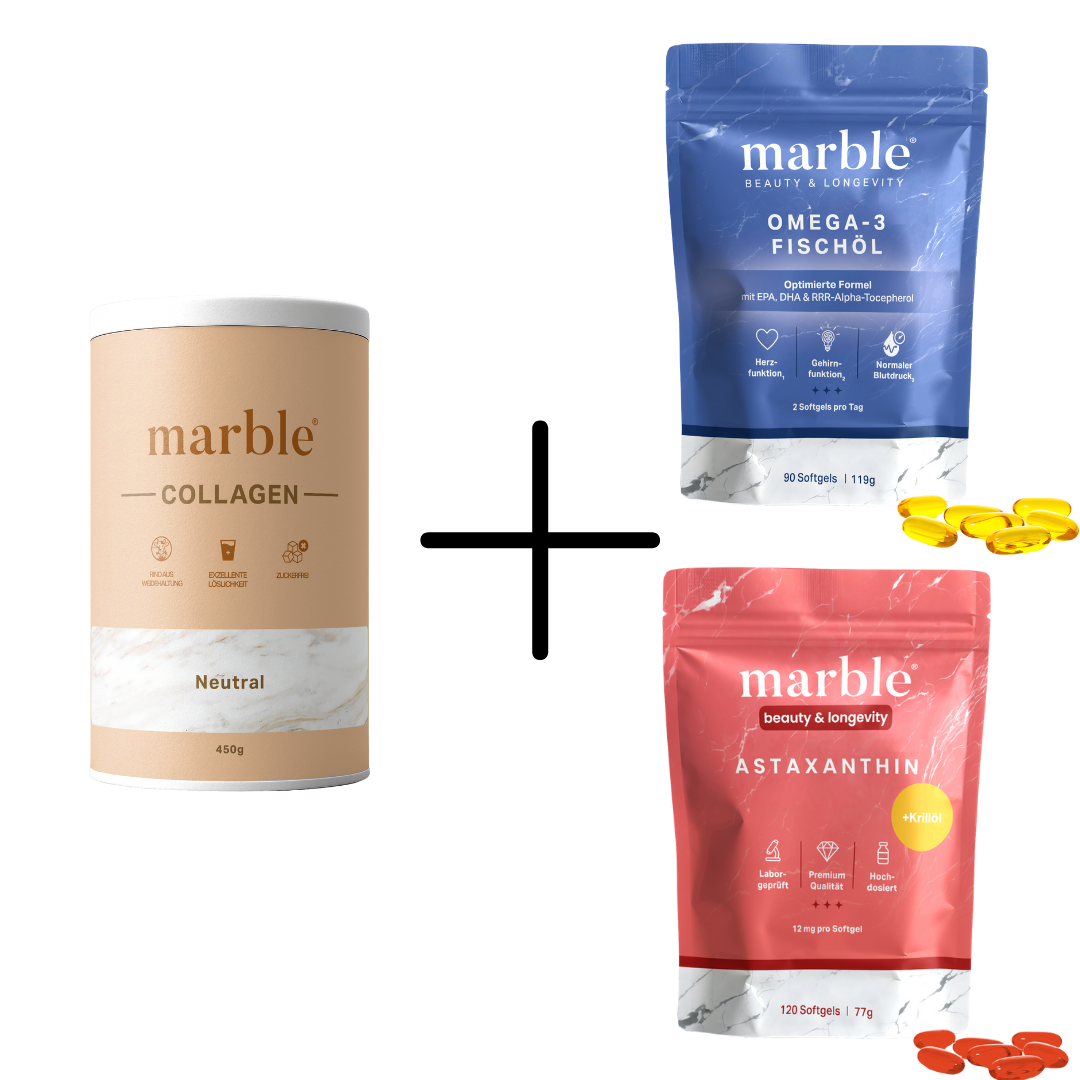 Collagen + Omega-3 + Astaxanthin Bundle - 1x Collagen Geschmacksneutral 450g, 1x Astaxanthin 120 Kapseln, 1x Omega-3 90 Kapseln