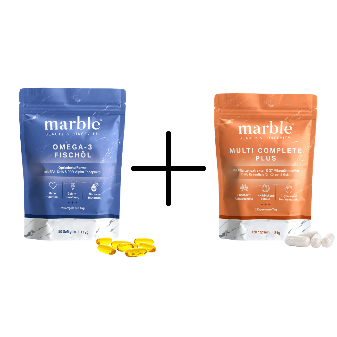 marble Daily Essentials - 1x Multivitamin 120 Kapseln, 1x Omega-3 90 Kapseln