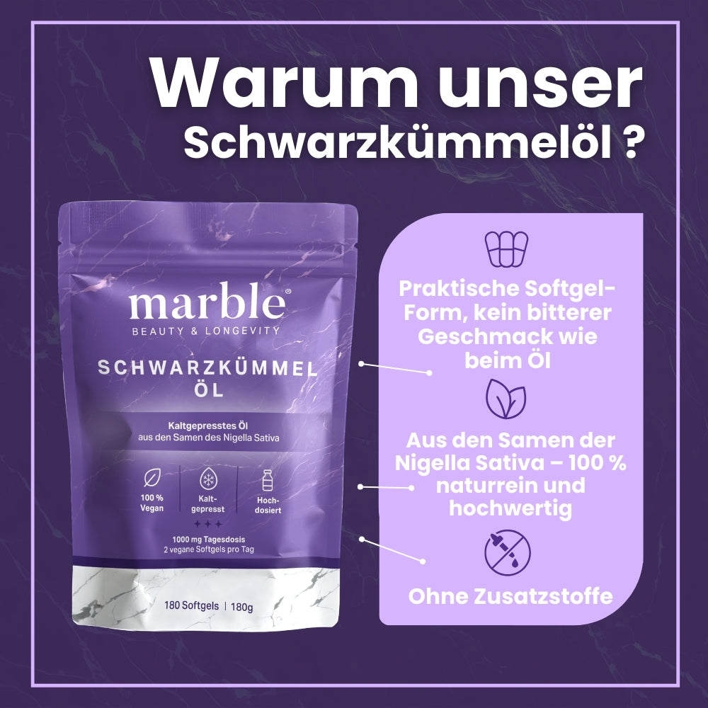 Schwarzkümmelöl – 100 % kaltgepresst für tägliche Balance | Hochdosiert in veganen Softgels | 180 Kapseln