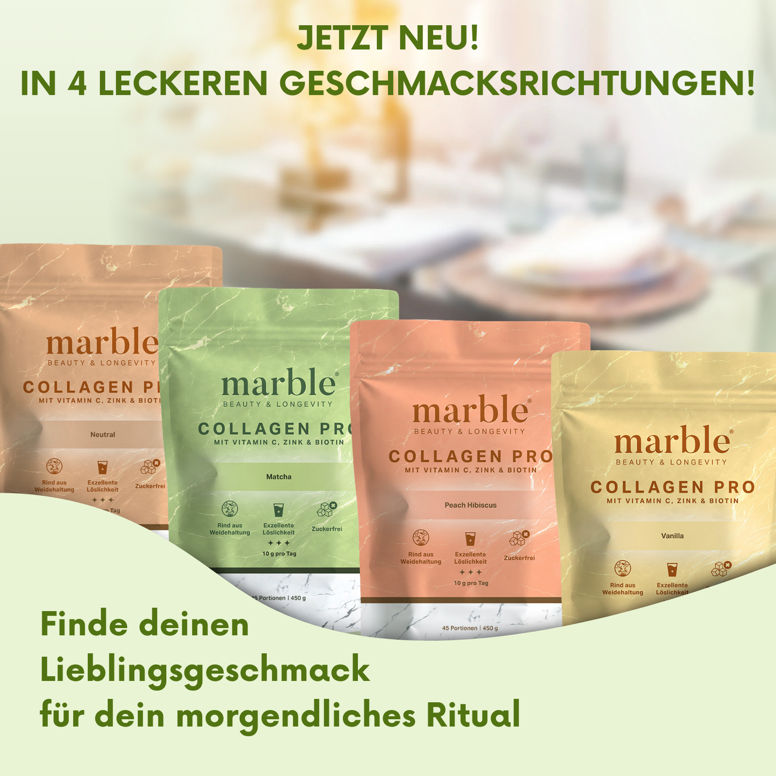 Collagen Pro – Matcha 450g | Reines Weidekollagen mit Vitamin C, Zink & Biotin