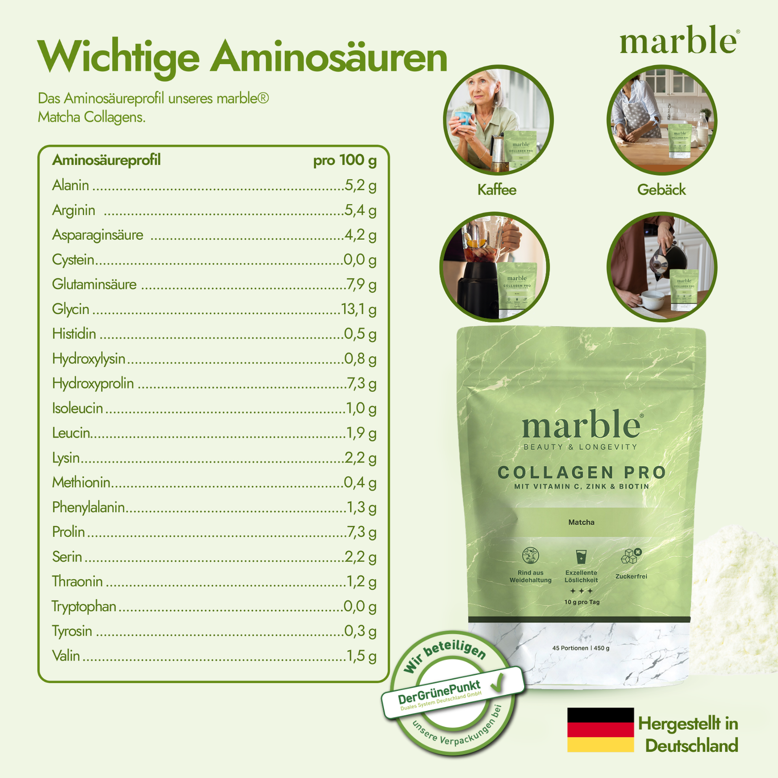 Collagen Pro – Matcha 450g | Reines Weidekollagen mit Vitamin C, Zink & Biotin