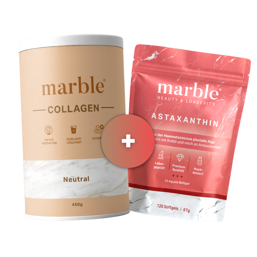 Collagen + Astaxanthin Duo – Weidekollagen & natürliches Carotinoid aus der Mikroalge | 450g + 120 Kapseln