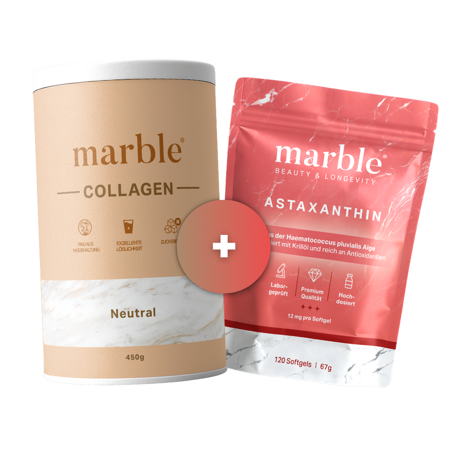 Collagen + Astaxanthin Duo – Weidekollagen & natürliches Carotinoid aus der Mikroalge | 450g + 120 Kapseln