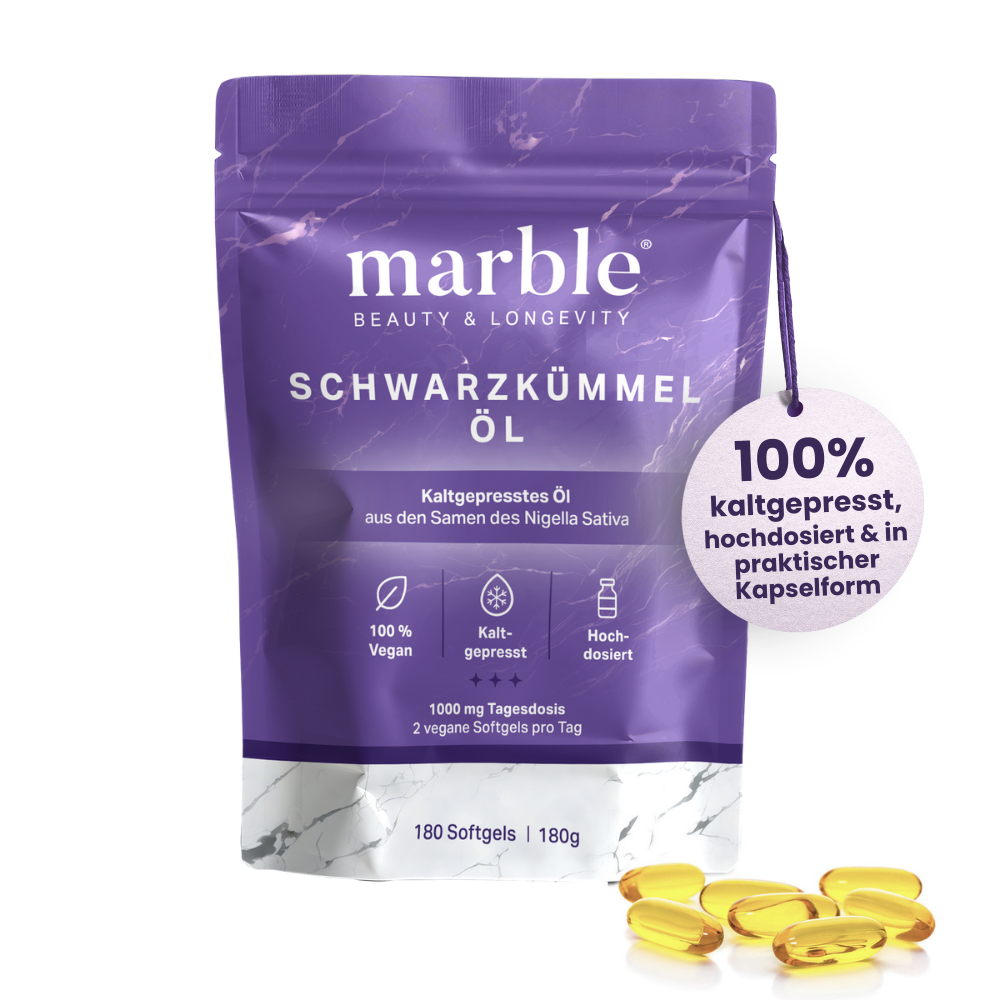 marble Schwarzkümmelöl – 100 % kaltgepresst & hochdosiert in veganen Softgels