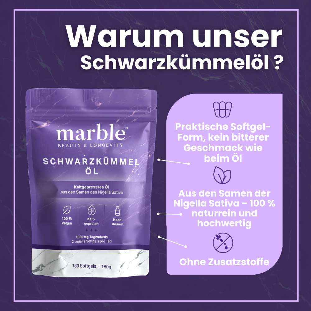 marble Schwarzkümmelöl – 100 % kaltgepresst & hochdosiert in veganen Softgels