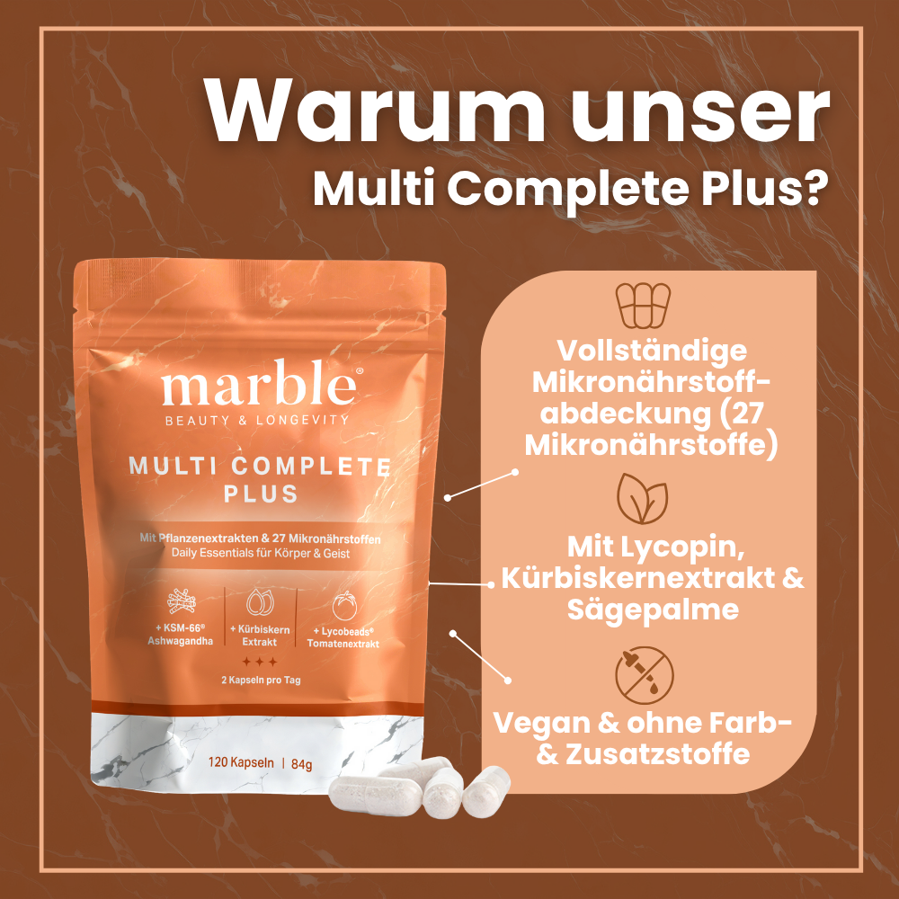 Multi Complete Plus mit 27 Mikronährstoffen & Pflanzenextrakten.