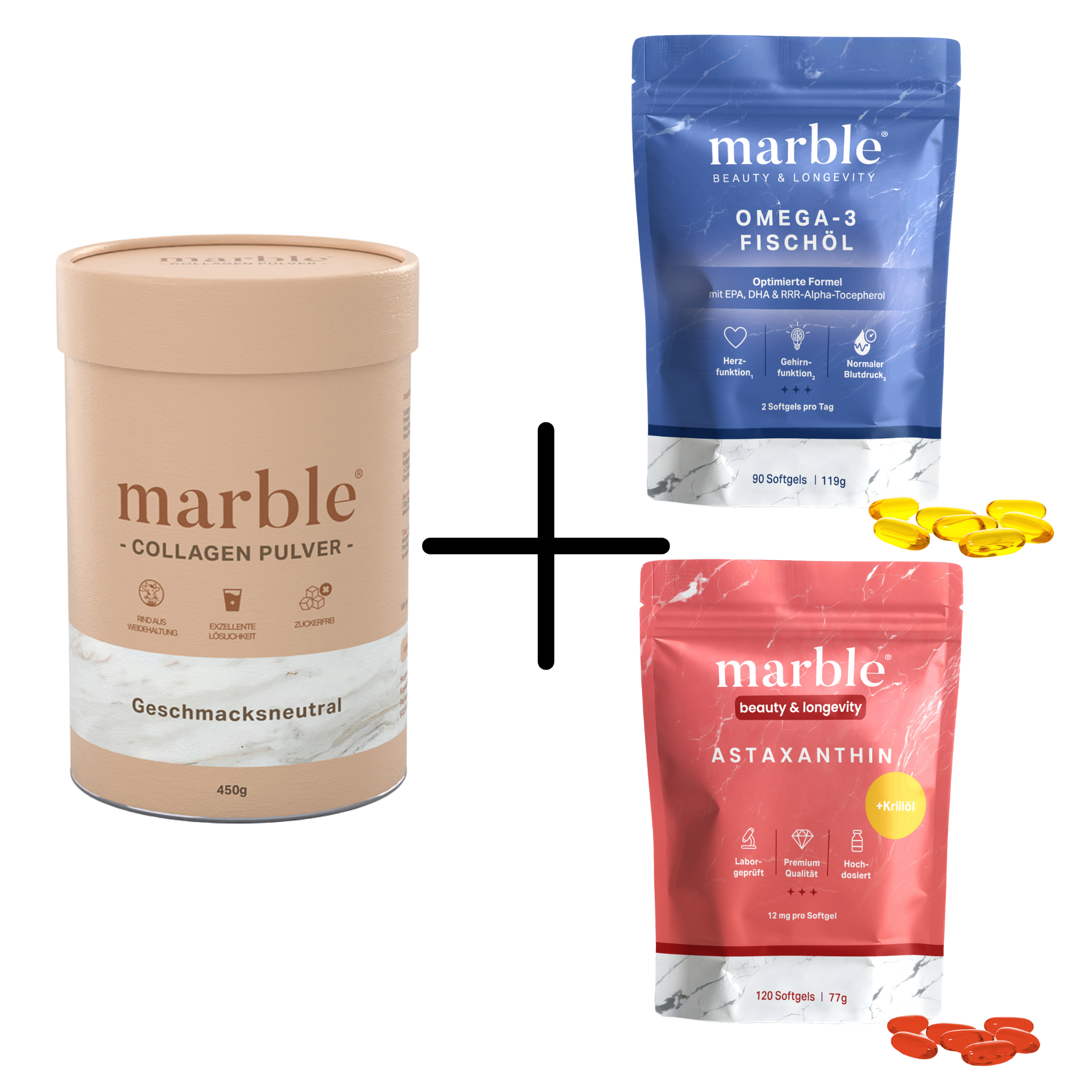 Collagen + Omega-3 + Astaxanthin Bundle - 1x Collagen Geschmacksneutral 450g, 1x Astaxanthin 120 Kapseln, 1x Omega-3 90 Kapseln