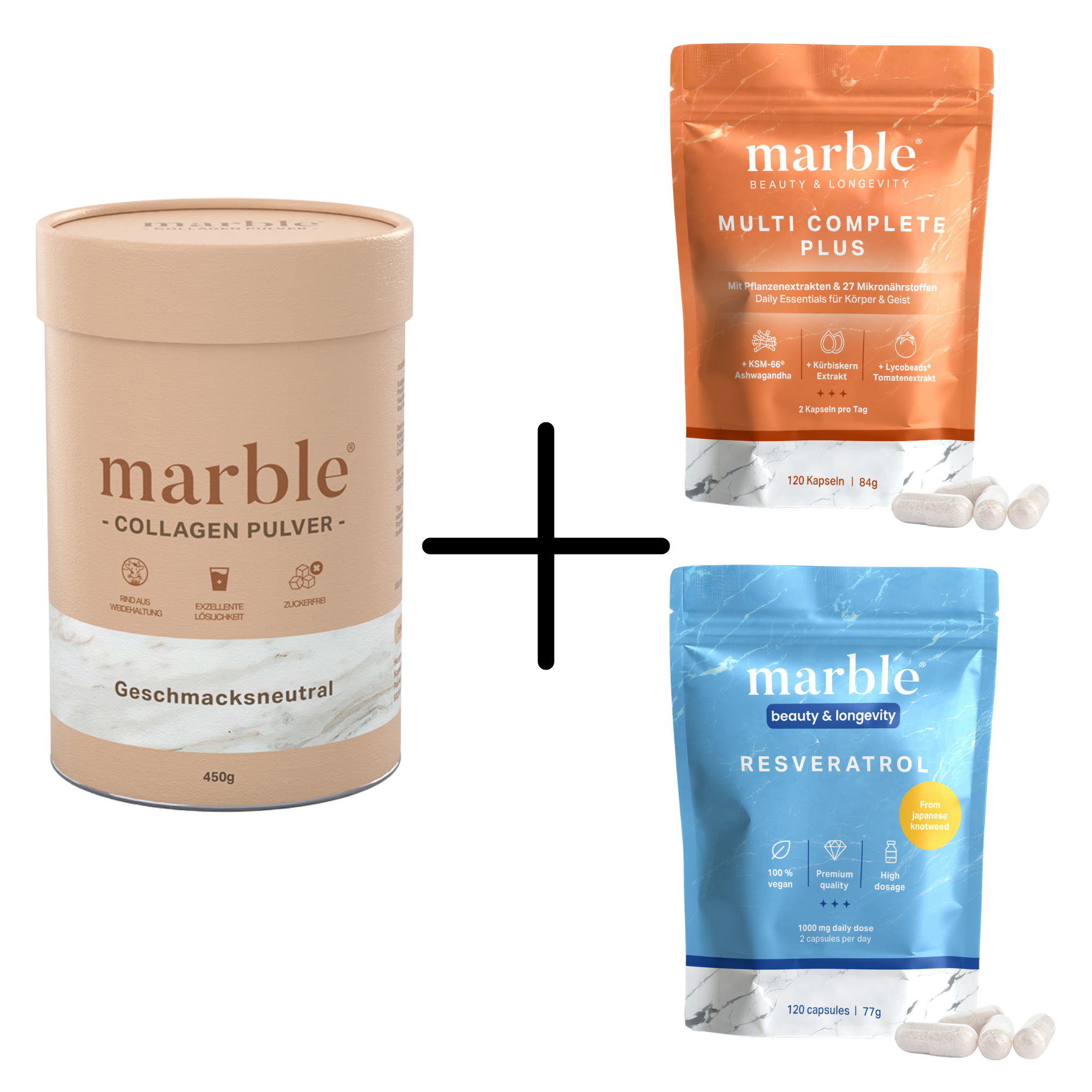 Daily Beauty Routine - 1x Collagen Geschmacksneutral 450g, 1x Resveratrol 120 Kapseln, 1x Multivitamin 120 Kapseln