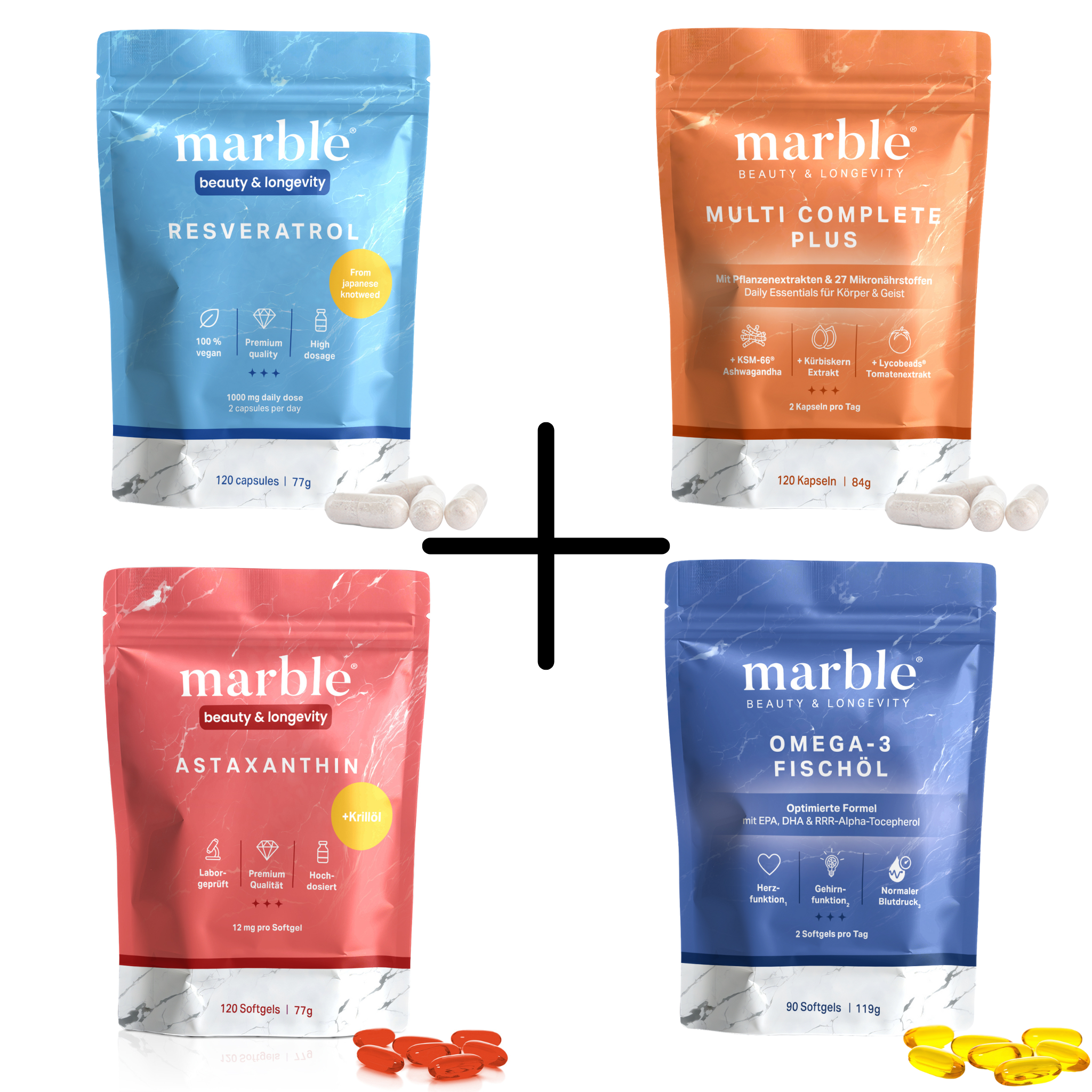 360° Essentials - 1x Resveratrol 120 Kapseln, 1x Omega-3 90 Kapseln, 1x Multivitamin 120 Kapseln, 1x Astaxanthin 120 Kapseln