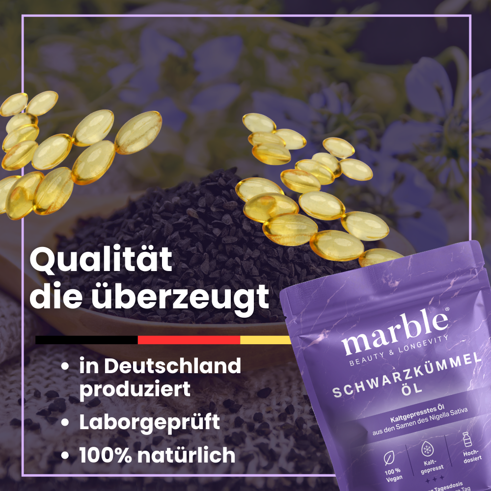 marble Schwarzkümmelöl – 100 % kaltgepresst & hochdosiert in veganen Softgels