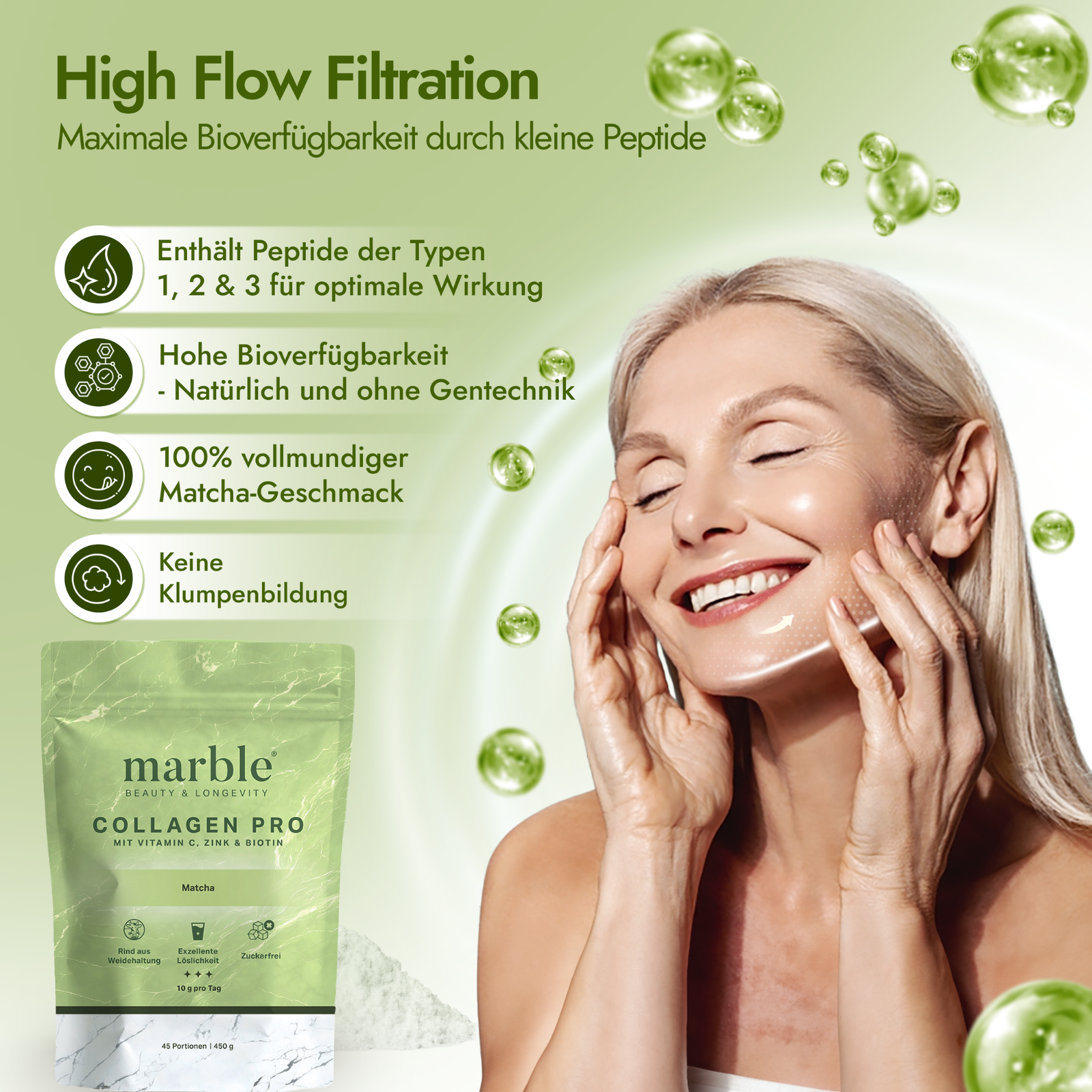 Collagen Pro – Matcha 450g | Reines Weidekollagen mit Vitamin C, Zink & Biotin