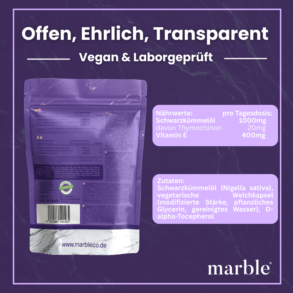 marble Schwarzkümmelöl – 100 % kaltgepresst & hochdosiert in veganen Softgels