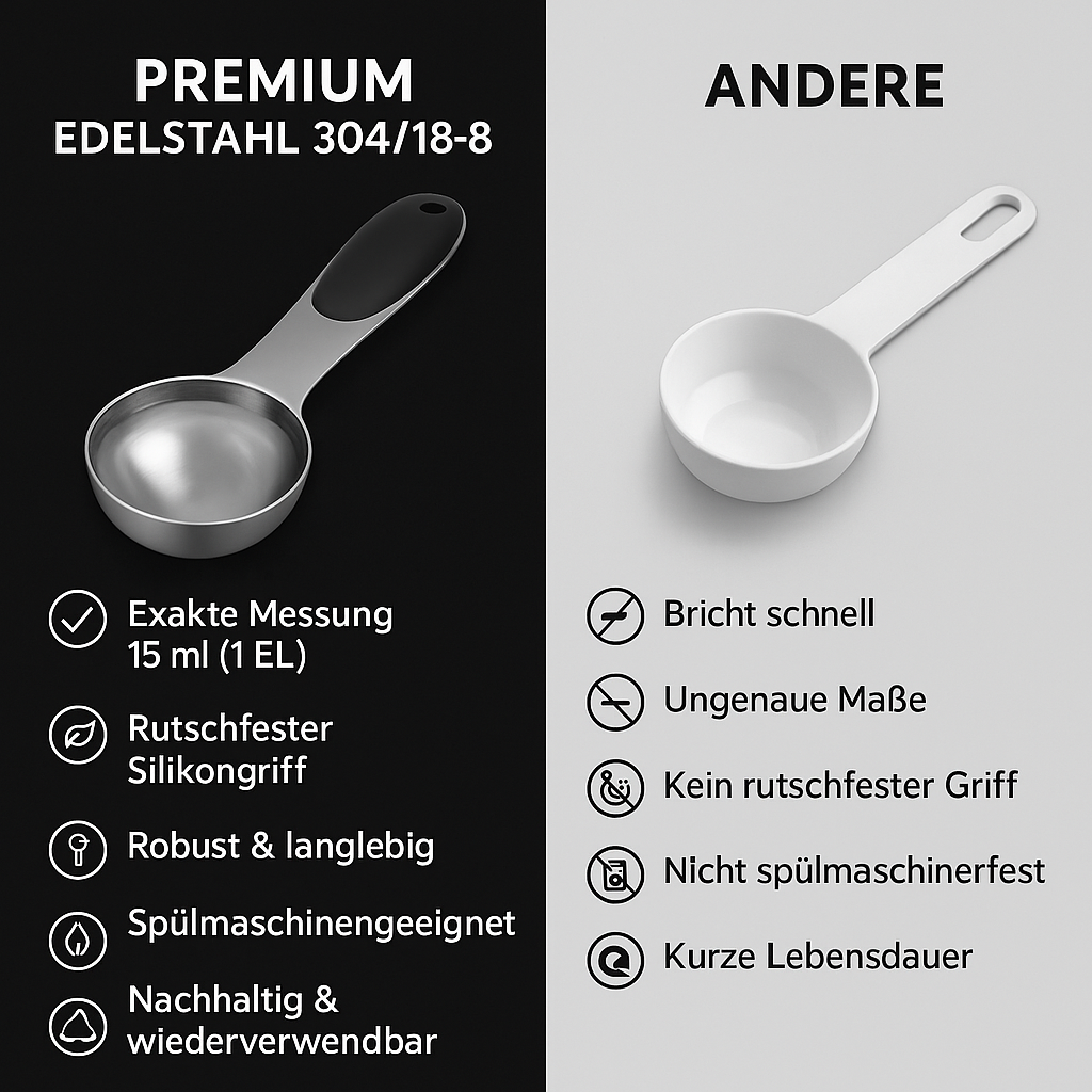 Edelstahl-Messlöffel 10g (1 EL) – mit rutschfestem Silikongriff, robust & spülmaschinengeeignet