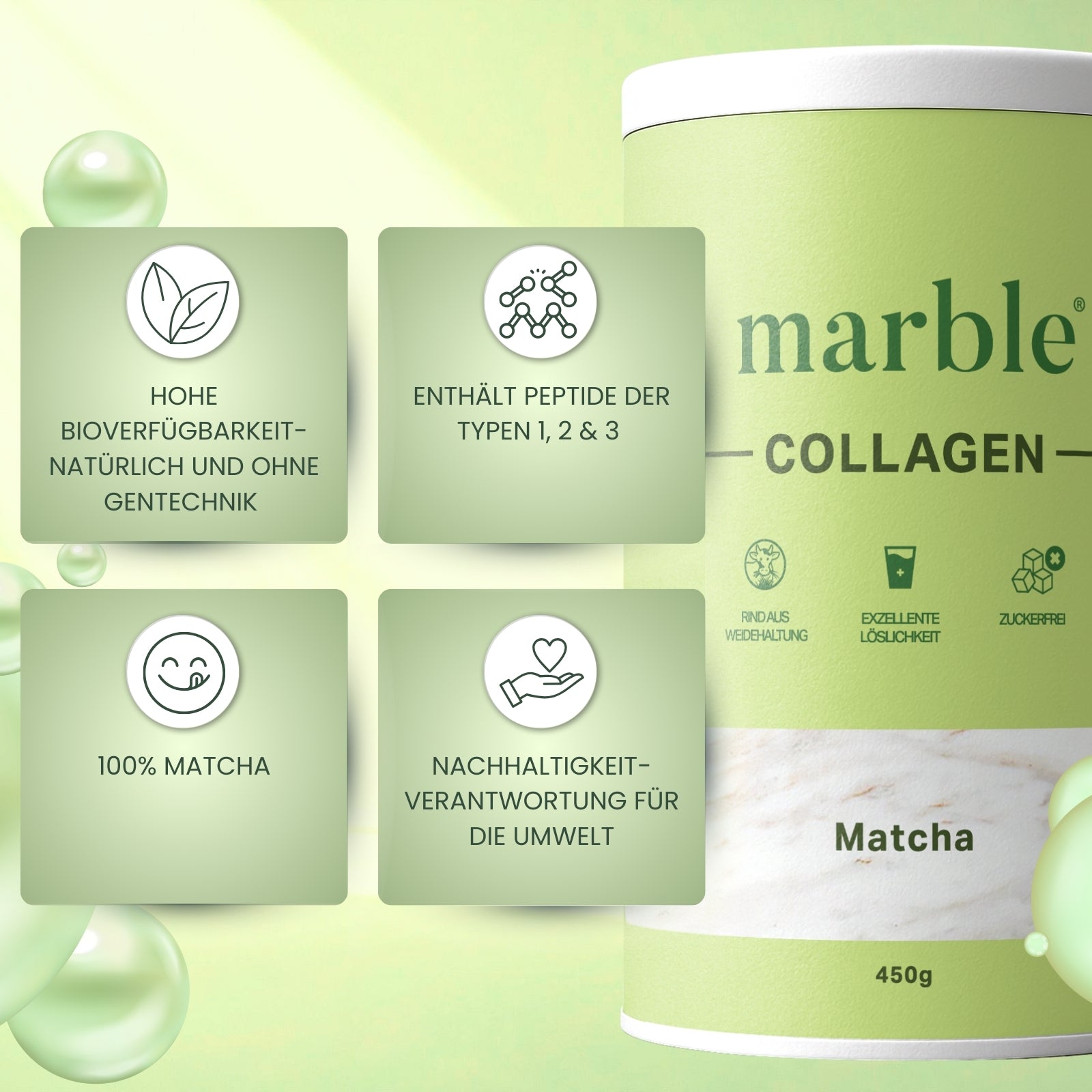 Collagen – Matcha | Kollagenpeptide mit 10 % Matcha-Pulver | 450 g