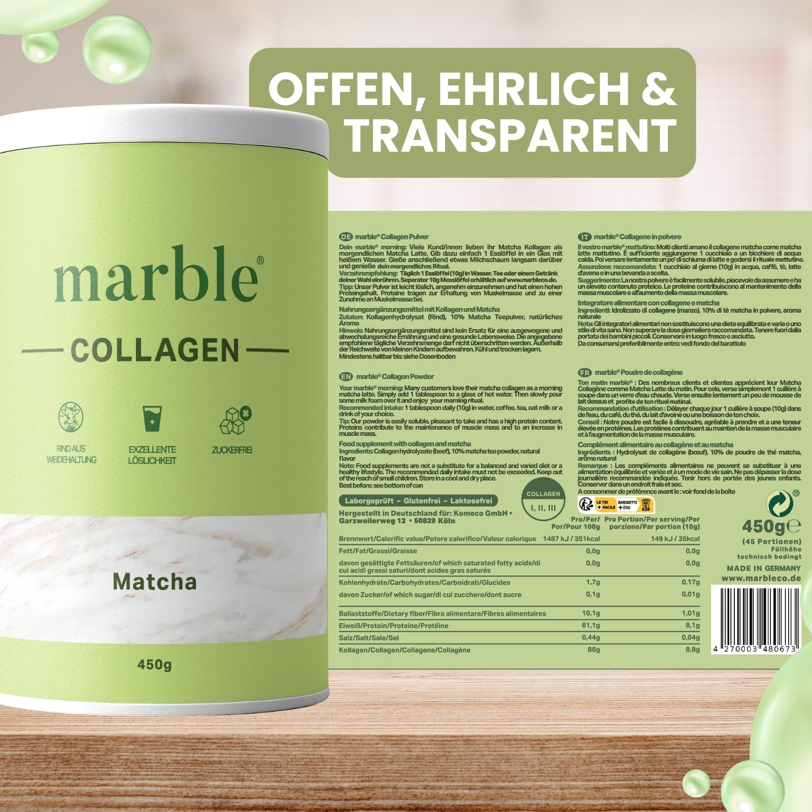 Collagen – Matcha | Kollagenpeptide mit 10 % Matcha-Pulver | 450 g