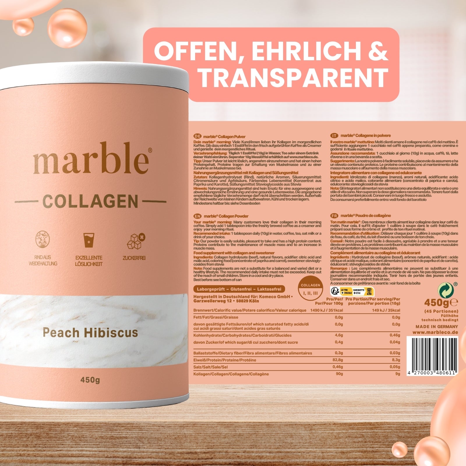 Collagen – Peach Hibiscus | Kollagenpeptide mit natürlichem Aroma | 450 g