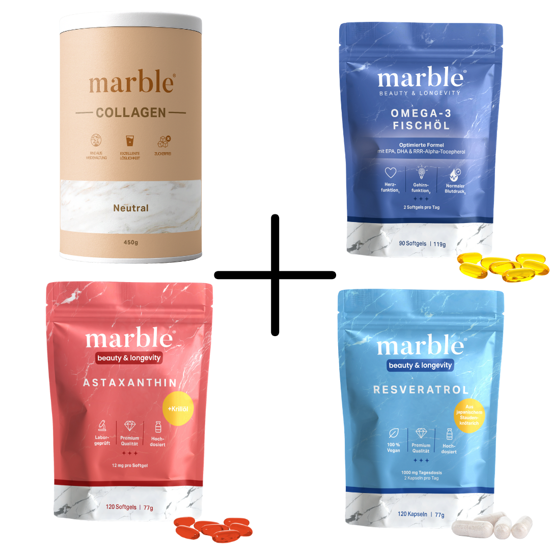 Complete Pro Bundle - 1x Collagen Geschmacksneutral 450g, 1x Resvervatrol 120 Kapseln, 1x Astaxanthin 120 Kapseln, 1x Omega-3 90 Kapseln