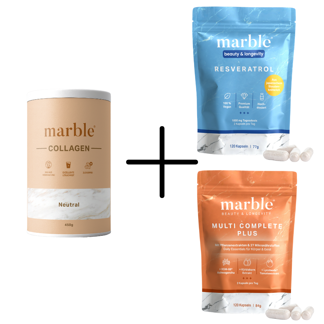 Daily Beauty Routine - 1x Collagen Geschmacksneutral 450g, 1x Resveratrol 120 Kapseln, 1x Multivitamin 120 Kapseln