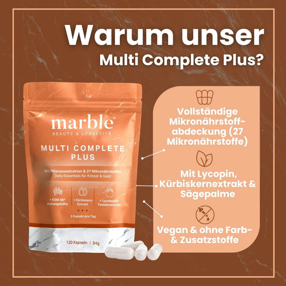 Multi Complete Plus mit 27 Mikronährstoffen & Pflanzenextrakten.