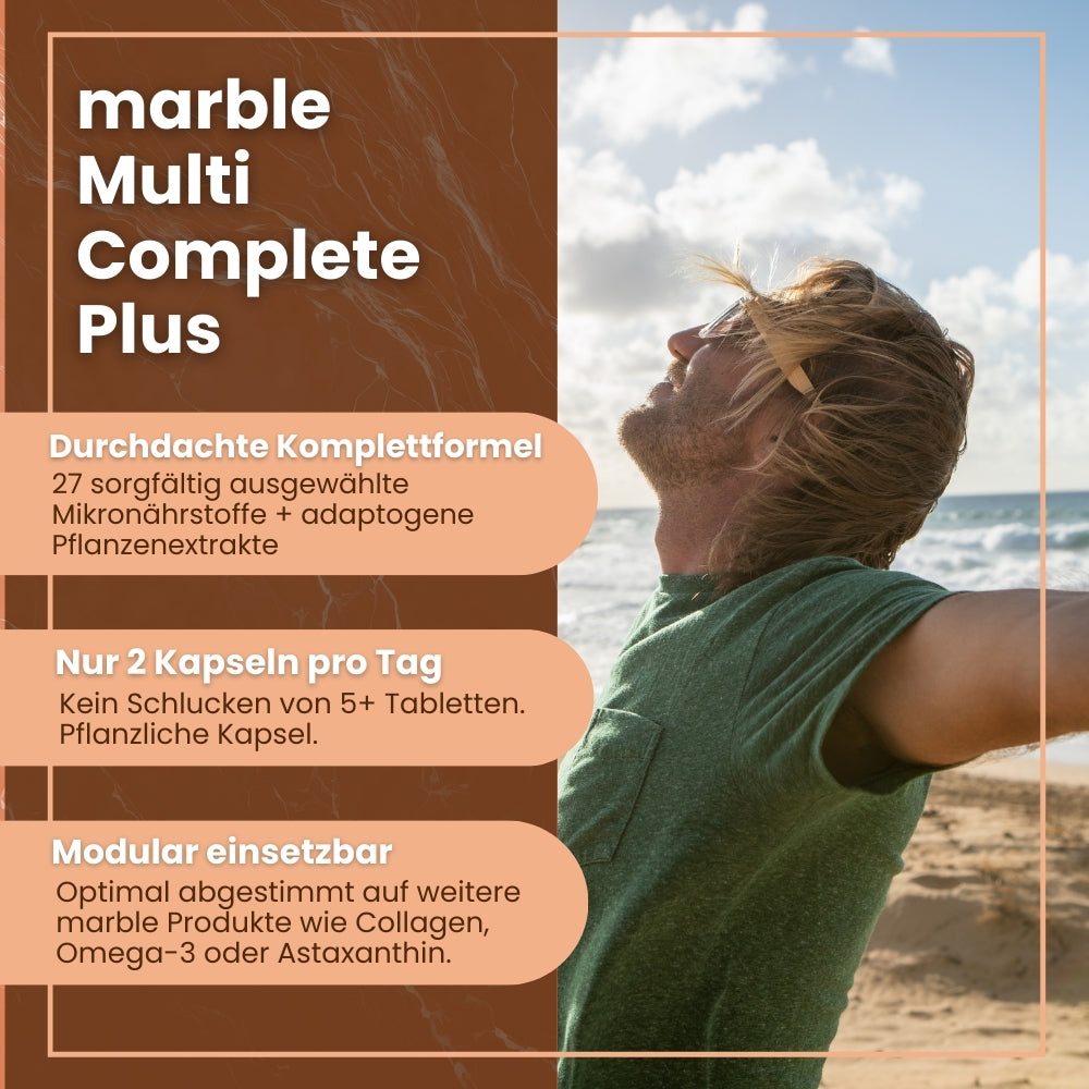 Multi Complete Plus mit 27 Mikronährstoffen & Pflanzenextrakten.