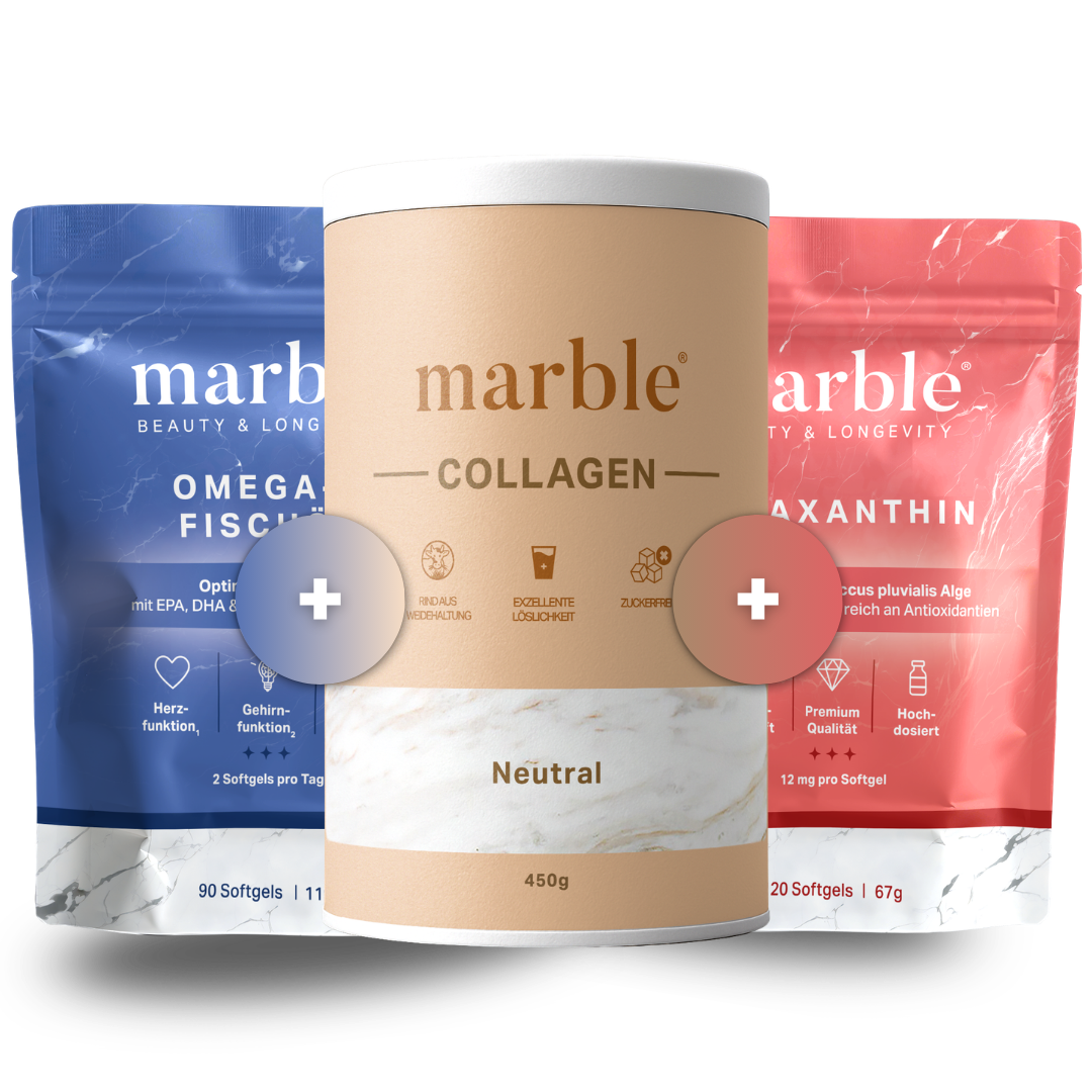 Beauty & Longevity Trio – Collagen + Omega-3 + Astaxanthin | Das tägliche Dreier-Set