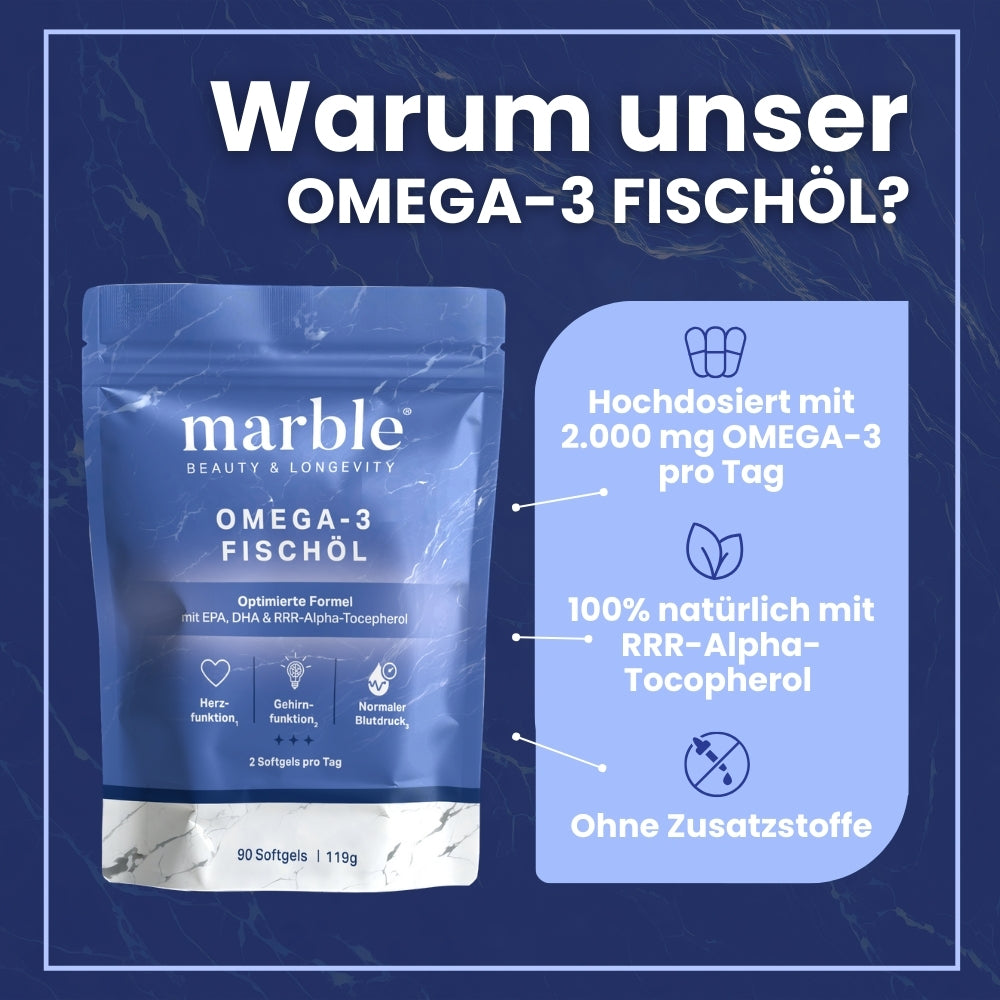 Omega-3 – 2000 mg Fischöl mit EPA & DHA | Für normale Herzfunktion | 90 Softgels