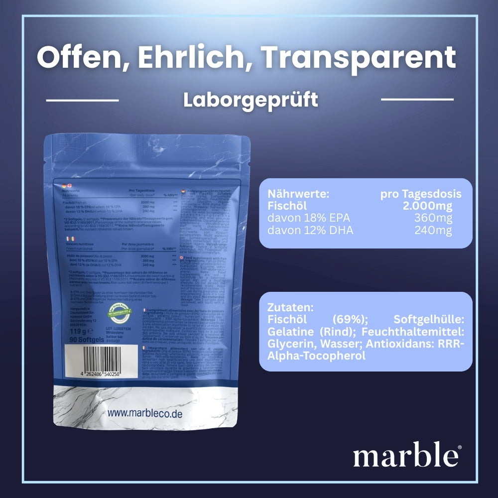 Omega-3 – 2000 mg Fischöl mit EPA & DHA | Für normale Herzfunktion | 90 Softgels